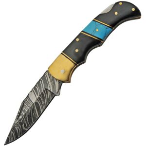 "Damascus Lockback Horn/Turquoise Folding Knife, 2.75 Damascus steel clip point blade, Horn and turquoise handle, DM-1215"