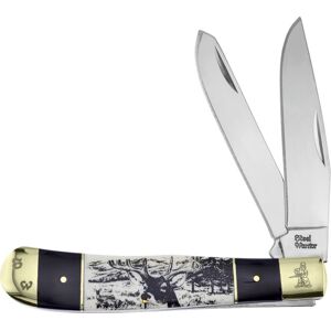Frost Deer Trapper Buffalo Horn Folding Knife, Mirror finish stainless clip and spey blades, Buffalo horn and white smooth bone handle with dee, SW-108BHSB/D