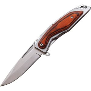 "Mtech Wood Framelock A/O Folding Knife, 3.75 satin finish 3Cr13 stainless blade, Stainless handle with Brown pakkawood onlay, MT-A1153BR"