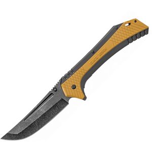 United Cutlery Black Ronin Linerlock A/O Folding Knife, 5.75 black stonewash finish stainless blade, Black and tan TPU handle, UC3355"