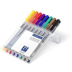 Staedtler Lumocolor Non-Permanent Superfine Pen Pack - 8 Colors w/ Stand-Up Box - Yellow, Red, Blue, Orange, Green, Purple, Brown, Black, 311 WP8
