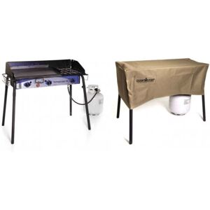 Camp Chef Expedition 3X Triple Buner Stove w/Griddle, Detachable Legs, Windscreen Sg60, White/Blue/Black, with Tan Patio Cover, PC42
