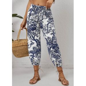 Modlily White Pocket Leaf Print Jogger Drawastring Mid Waisted Pants womens