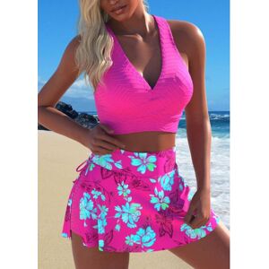 Modlily Criss Cross Floral Print Neon Rose Red Bikini Set womens
