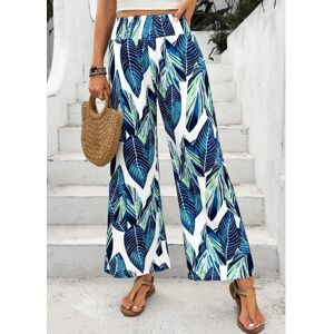 Modlily Peacock Blue Leaf Print Wide Leg Elastic Waist Pants womens