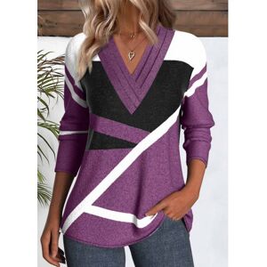 Modlily Purple Button Geometric Print Long Sleeve T Shirt womens