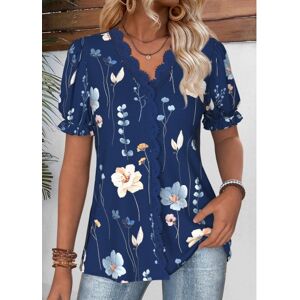 Modlily Navy Floral Print Short Sleeve V Neck Blouse womens