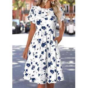 Modlily White Floral Print Short Sleeve Round Neck Dress womens