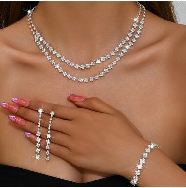 Modlily Rhinestone Silver Alloy Necklace and Bracelet Set womens