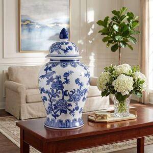 Sagebrook Home Ceramic Chinoiserie Bird and Flower Decorative Temple Jar Blue 18.25 Sagebrook Home Ceramic Chinoiserie Bird and Flower Decorative Temple Jar Blue 18.25