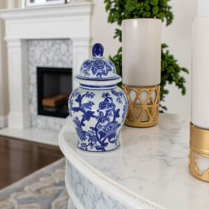 Sagebrook Home Ceramic Chinoiserie Bird and Flower Decorative Temple Jar Blue 10.5 Sagebrook Home Ceramic Chinoiserie Bird and Flower Decorative Temple Jar Blue 10.5