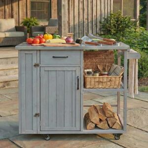 Outdoor Fir Wood Kitchen Island Prep Station with Stainless Top, Ample Storage Space, Towel and Spice Racks Grey 40.5 In. W X 35.6 In. H X 18.5 In. D Outdoor Fir Wood Kitchen Island Prep Station with Stainless Top, Ample Storage Space, Towel and Spice Racks Grey 40.5 In. W X 35.6 In. H X 18.5 In. D