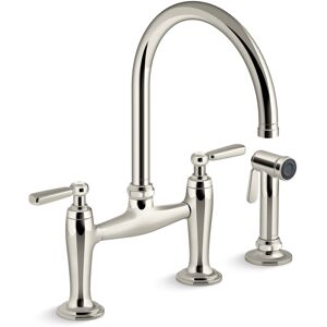 Kohler Edalyn by Studio McGee 1.5 GPM Widespread Bridge Kitchen Faucet - Includes Side Spray Silver 9.19 In. L X 5.0 In. W X 16.0 In. H Kohler Edalyn by Studio McGee 1.5 GPM Widespread Bridge Kitchen Faucet - Includes Side Spray Silver 9.19 In. L X 5.0 In. W X 16.0 In. H