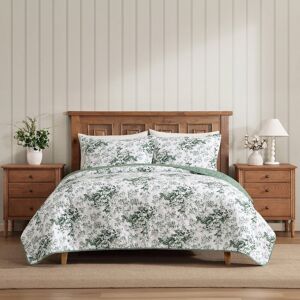 Laura Ashley Toile Delight Cotton Reversible Green Quilt Set Green King Laura Ashley Toile Delight Cotton Reversible Green Quilt Set Green King