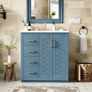 GREATPLANINC Freestanding Vanity Set, Wooden Bathroom Storage Cabinet, Bathroom Vanity with Ceramic Sink, 3 Drawers & Soft Closing Doors Indigo 13 - 24 in GREATPLANINC Freestanding Vanity Set, Wooden Bathroom Storage Cabinet, Bathroom Vanity with Ceramic Sink, 3 Drawers & Soft Closing Doors Indigo 13 - 24 in