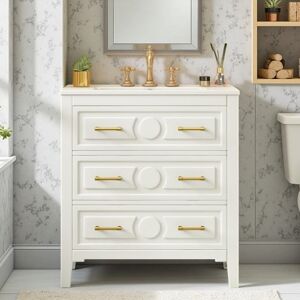 30''Freestanding Bathroom Vanity with Ceramic Sink, Wood Frame & MDF Construction, Bathroom Storage Cabinet with 3 Drawers White 25 to 36 in 30''Freestanding Bathroom Vanity with Ceramic Sink, Wood Frame & MDF Construction, Bathroom Storage Cabinet with 3 Drawers White 25 to 36 in