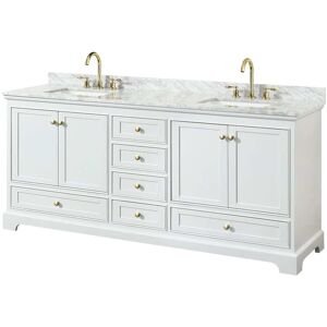 Wyndham Collection Deborah 80-inch Double Bathroom Vanity, No Mirrors White, Gold Trim, White Carrara Marble Top Double Vanities Wyndham Collection Deborah 80-inch Double Bathroom Vanity, No Mirrors White, Gold Trim, White Carrara Marble Top Double Vanities