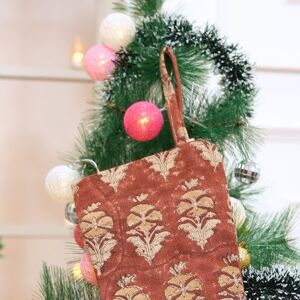 Fabdivine 16x6.5 Inches Hand Floral Block Print Christmas Stockings Tassle and Loop Perfect for Gift - 16 Mor Mukut- Chocolate Brown, Mustard 16 Fabdivine 16x6.5 Inches Hand Floral Block Print Christmas Stockings Tassle and Loop Perfect for Gift - 16 Mor Mukut- Chocolate Brown, Mustard 16