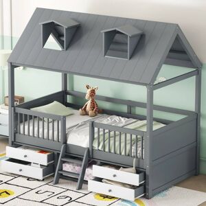 Roomfitters Twin Wood House Bed Frame, 4 Storage Units & Roof Skylights, Montessori Bed with Safety Fence & Wood Ladder Grey Twin Roomfitters Twin Wood House Bed Frame, 4 Storage Units & Roof Skylights, Montessori Bed with Safety Fence & Wood Ladder Grey Twin
