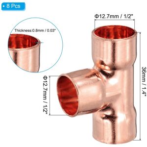 Unique Tee Copper Fitting, 99.9% 3 Way Pure Copper Pipe Fitting Tube Connector with Sweat Solder Connection - Brown 8Pcs, 12.7mm Unique Tee Copper Fitting, 99.9% 3 Way Pure Copper Pipe Fitting Tube Connector with Sweat Solder Connection - Brown 8Pcs, 12.7mm