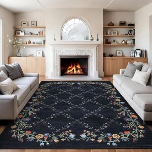 Garvee Area Rug Washable Rug Farmhouse Floral Floor Carpet with Rubber Backing Black 9' x 12' Garvee Area Rug Washable Rug Farmhouse Floral Floor Carpet with Rubber Backing Black 9' x 12'