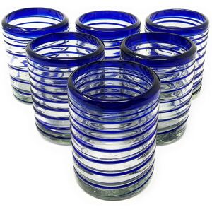Dos Sueños Hand Blown Mexican Drinking Glasses - Set of 6 Tumbler Glasses with Blue Spiral Design (10 oz each) Blue Set of 6 Dos Sueños Hand Blown Mexican Drinking Glasses - Set of 6 Tumbler Glasses with Blue Spiral Design (10 oz each) Blue Set of 6