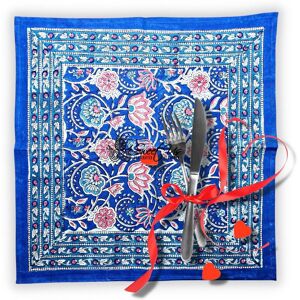 Lotus Dreams Block Print Cotton Floral Table Cloth Blue Napkin Lotus Dreams Block Print Cotton Floral Table Cloth Blue Napkin