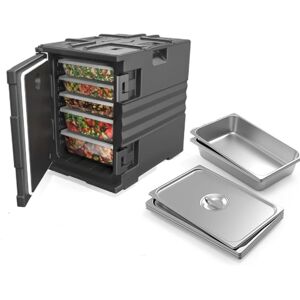 82 Qt. Food Carrier Warmer with with 4 Food Pans and Wheels Black 25.59 In. L X 17.72 In. W X 25.2 In. H 82 Qt. Food Carrier Warmer with with 4 Food Pans and Wheels Black 25.59 In. L X 17.72 In. W X 25.2 In. H