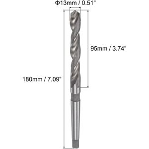 Unique 13mm Twist Drill Bit w MT1 Morse Taper Shank, 95mm Flute Length High-speed Steel - 13 x 180mm 13 x 180mm Unique 13mm Twist Drill Bit w MT1 Morse Taper Shank, 95mm Flute Length High-speed Steel - 13 x 180mm 13 x 180mm