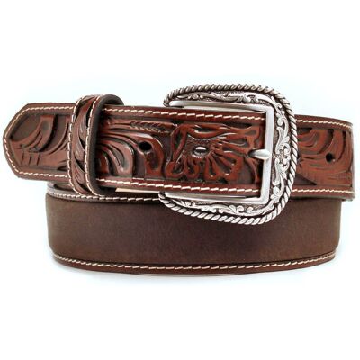 Men's Floral embossed ends belt in Tan Leather, Size: 32 by Ariat Men's Floral embossed ends belt in Tan Leather, Size: 32 by Ariat