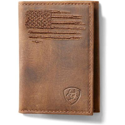 Men's Trifold Wallet Patriot Flag Embroidery in Brown by Ariat Men's Trifold Wallet Patriot Flag Embroidery in Brown by Ariat