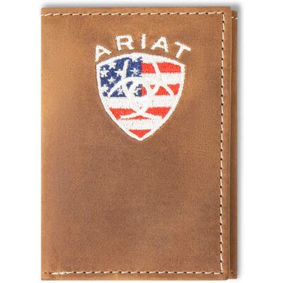 Men's Flag Shield Trifold Wallet in Brown Leather by Ariat Men's Flag Shield Trifold Wallet in Brown Leather by Ariat