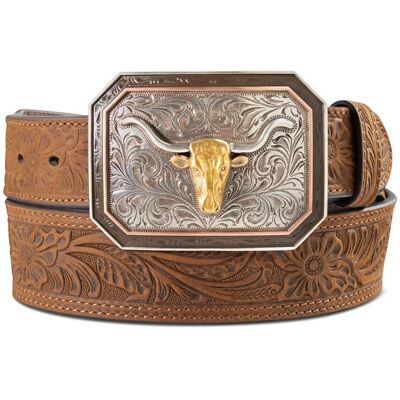 Men's Floral Embossed Belt in Brown, Size: 44 by Ariat Men's Floral Embossed Belt in Brown, Size: 44 by Ariat