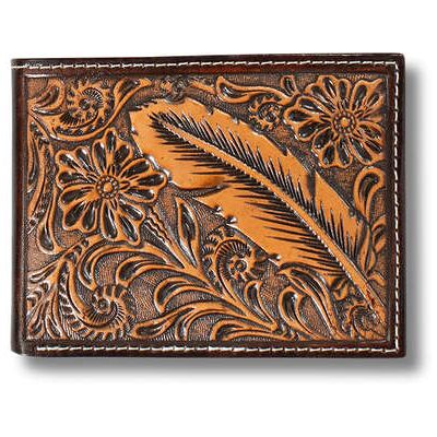 Men's Tooled Feather Bifold Wallet in Brown by Ariat Men's Tooled Feather Bifold Wallet in Brown by Ariat