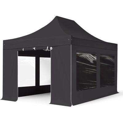 TOOLPORT 10x15 ft PES 750 Pop-Up Canopy PREMIUM Steel 1.6 in., incl. Sidewalls with Panorama Windows, Black - (600043) TOOLPORT 10x15 ft PES 750 Pop-Up Canopy PREMIUM Steel 1.6 in., incl. Sidewalls with Panorama Windows, Black - (600043)
