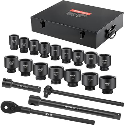 Vevor 1 In Drive Impact Socket Set, 21 Piece, 6 Point Shallow Impact Sockets, Sae (1-5/8 In To 3-1/8 In), With 8 In & 18 In Extension Bars, 24 In Ratchet, Steel, Size Marking, And Carrying Case Vevor 1 In Drive Impact Socket Set, 21 Piece, 6 Point Shallow Impact Sockets, Sae (1-5/8 In To 3-1/8 In), With 8 In & 18 In Extension Bars, 24 In Ratchet, Steel, Size Marking, And Carrying Case