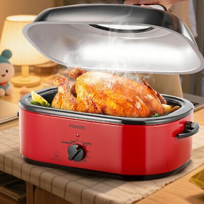 Temu Electric Roaster, 26 Quart With Glass Lid, Adjustable Temperature Settings, Self-basting Lid, Removable Pan, Setting, Red Temu Electric Roaster, 26 Quart With Glass Lid, Adjustable Temperature Settings, Self-basting Lid, Removable Pan, Setting, Red