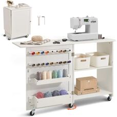 Vevor Mesa de Costura Plegable Blanca con Almacenamiento y Ruedas - Escritorio para Máquina de Coser