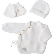 Kit Bébé Trois Kilos Sept - Vert Sauge - Brassière, Bonnet, Moufles - Produit bébé - Publicité