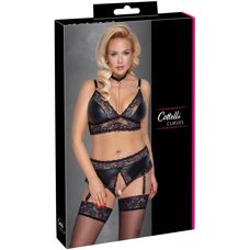Cottelli Collection Schwarzes Wetlook Spitzen-Set 3XL