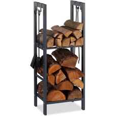 Relaxdays Anthracite Steel Firewood Rack with 2 Shelves & Hooks - Firewood Storage