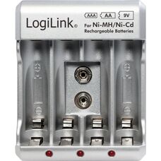 LogiLink Silbriger Batterielader - AA/AAA/9V - Unterstützt AC 100-240V