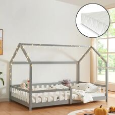 Cama infantil en forma de casa con reja y colchón - Gris