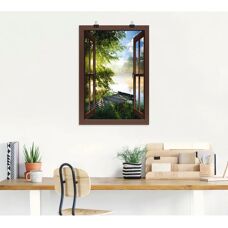 ARTLAND - Fensterblick Angelsteg am Fluss - Braun - Wall art