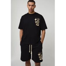 boohooman Moto-Print Schwarz XL T‑Shirt und Shorts Set
