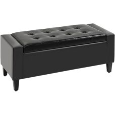 HOMCOM Black Storage Ottoman Bench with Tufted Leather Top - Storage Ottoman Bench