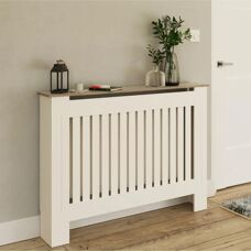 Longslow Medium White Radiator Cover - Slatted Front Top Shelf Storage