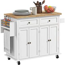 HOMCOM Kitchen Island Cart - Rubber Wood Top, Spices White