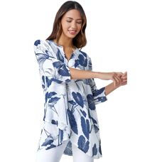 Roman Navy Palm Print V-Neck Wrap Hem Tunic Top - 12 UK