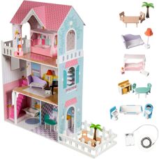 Drewniany XXL domek dla lalek Mamabrum - Taras, LED, Meble